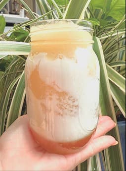 A hand holding a mason jar of creamed raw honey